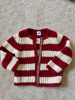 Petit Bateau Red and Cream Striped Knit Cardigan